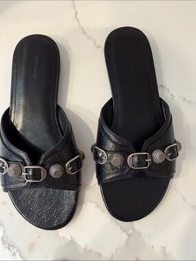 Balenciaga Black Leather Slide Mules with Silver-Tone Buckle Detail